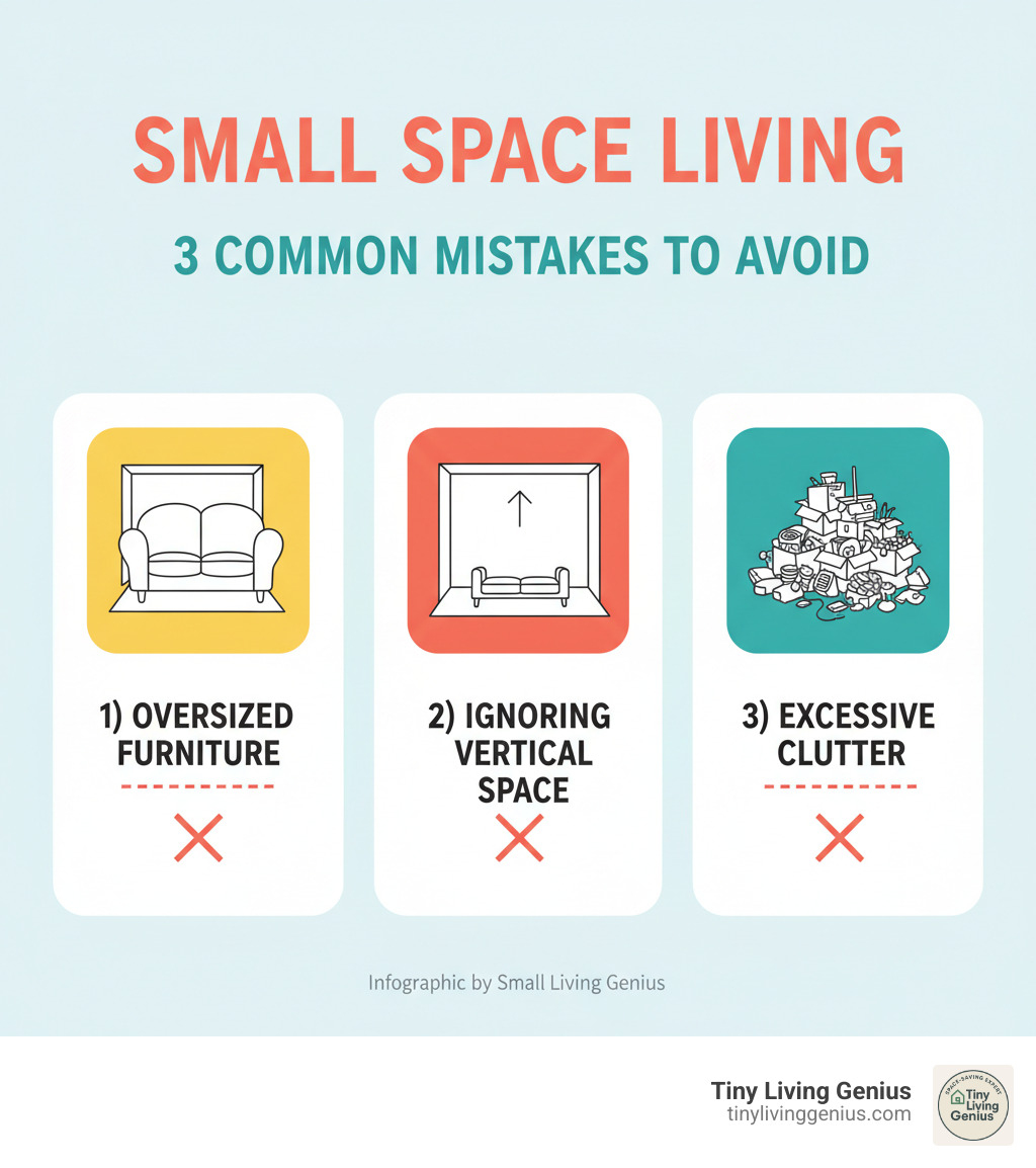 Infographic showing 3 common mistakes to avoid in small spaces: 1) Oversized furniture, 2) Ignoring vertical space, 3) Excessive clutter - modern furniture for small spaces infographic 