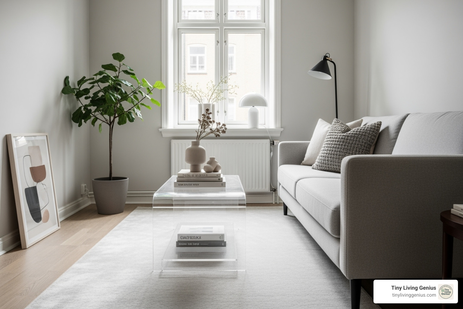 an acrylic coffee table in a small living room making the space feel open - modern furniture for small spaces