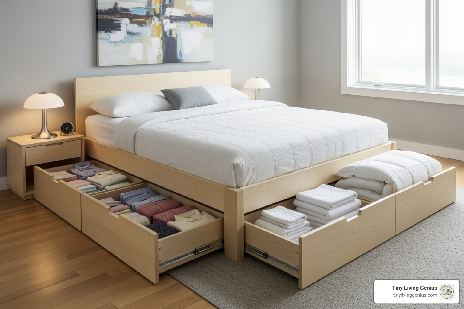 a platform bed with built-in storage drawers pulled out - modern furniture for small spaces