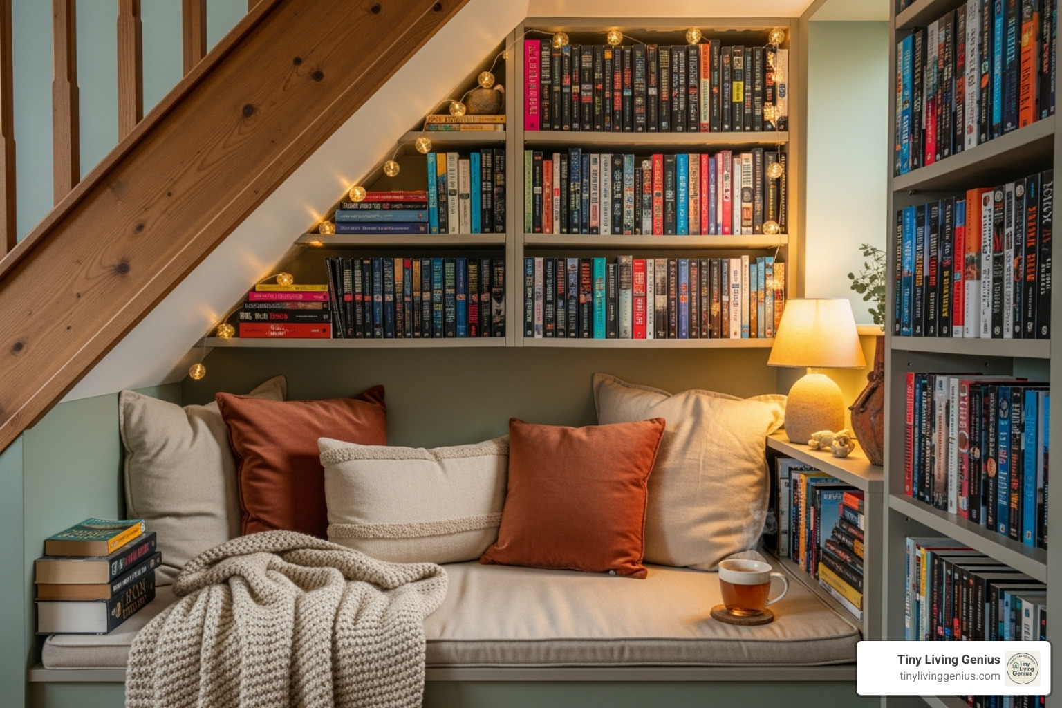 a cozy reading nook built under a staircase with integrated shelving - modern furniture for small spaces