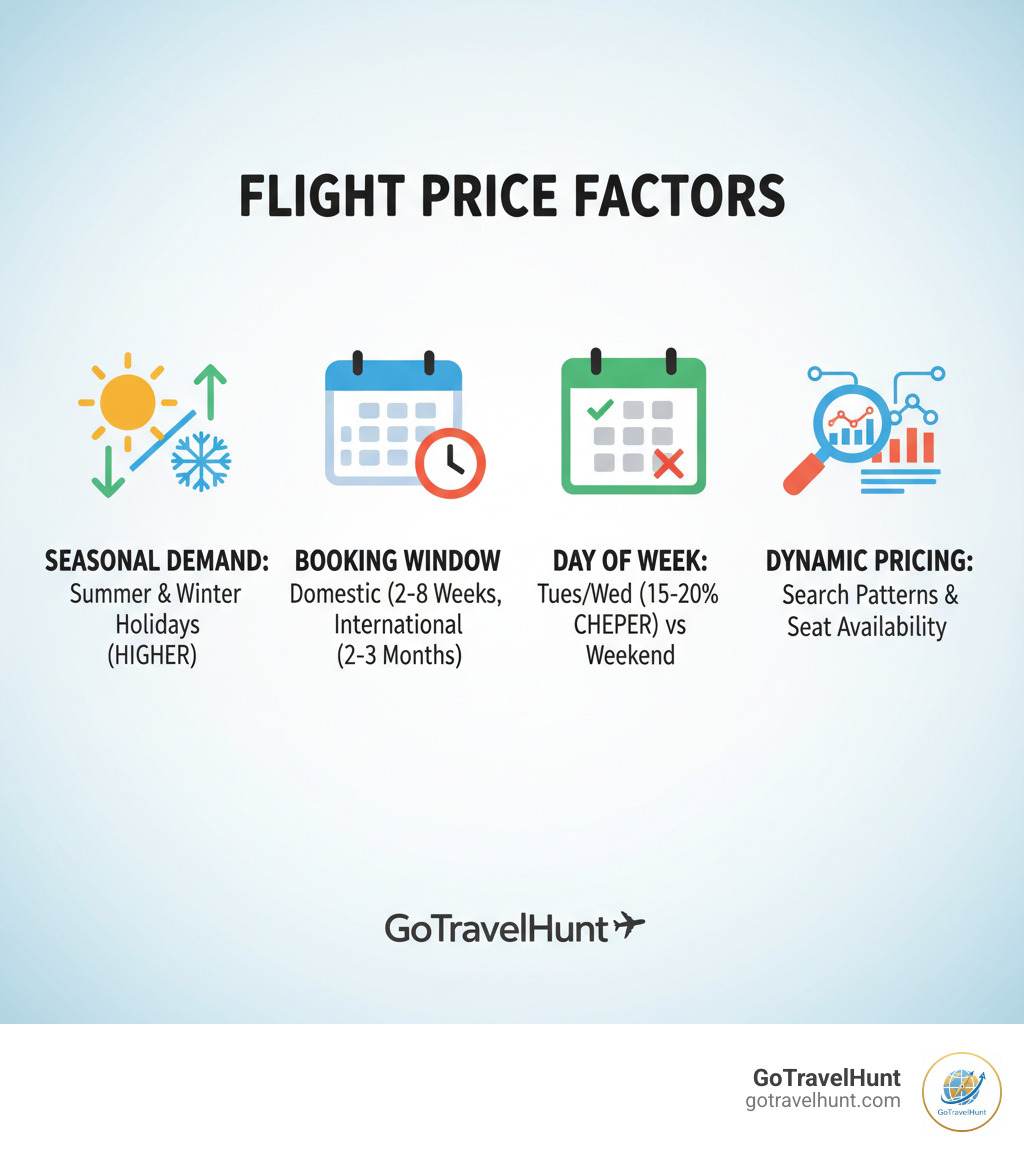 Infographic showing key factors that influence flight prices including seasonal demand peaks in summer and winter holidays, optimal booking windows of 2-8 weeks for domestic and 2-3 months for international flights, day of the week pricing with Tuesday and Wednesday departures typically 15-20% cheaper than weekend flights, and dynamic pricing algorithms that adjust costs based on search patterns and seat availability - cheap flight deals infographic 