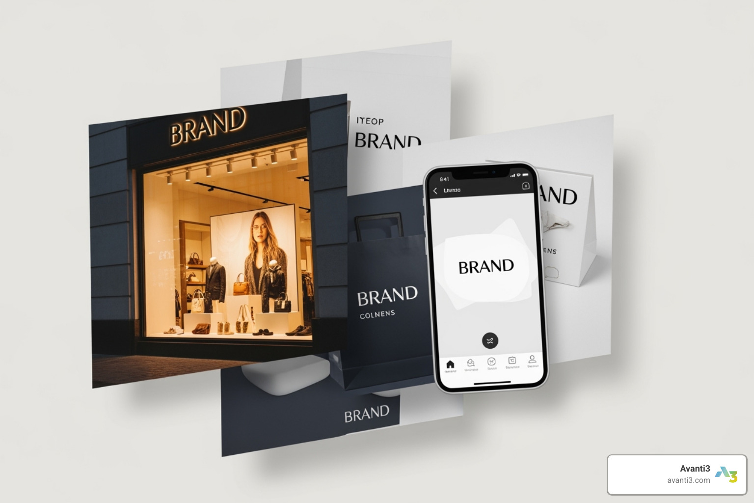 A collage of brand touchpoints like a store, app, and packaging - Brand experience design