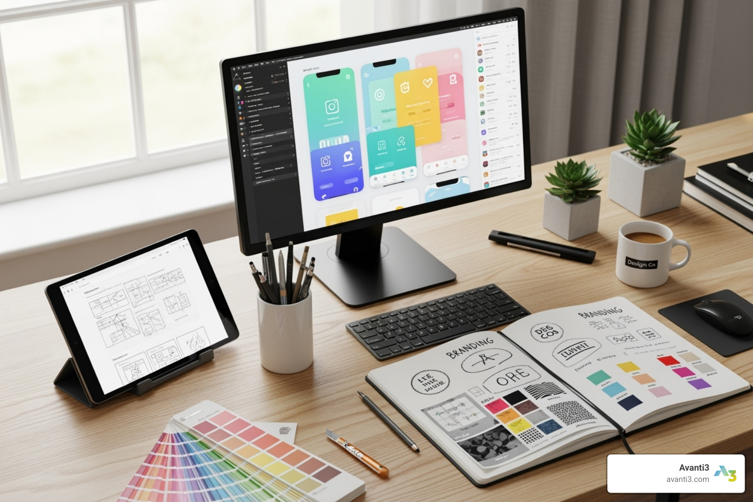 A designer's desk with branding and UX elements - Brand experience design