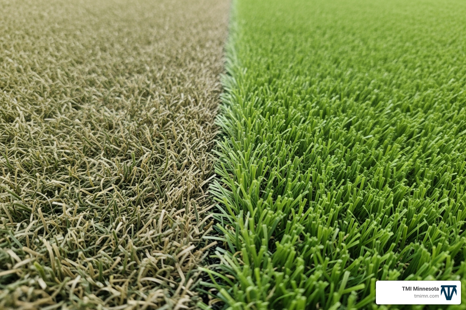 matted, flat area of turf next to a freshly brushed, upright section - artificial grass maintenance