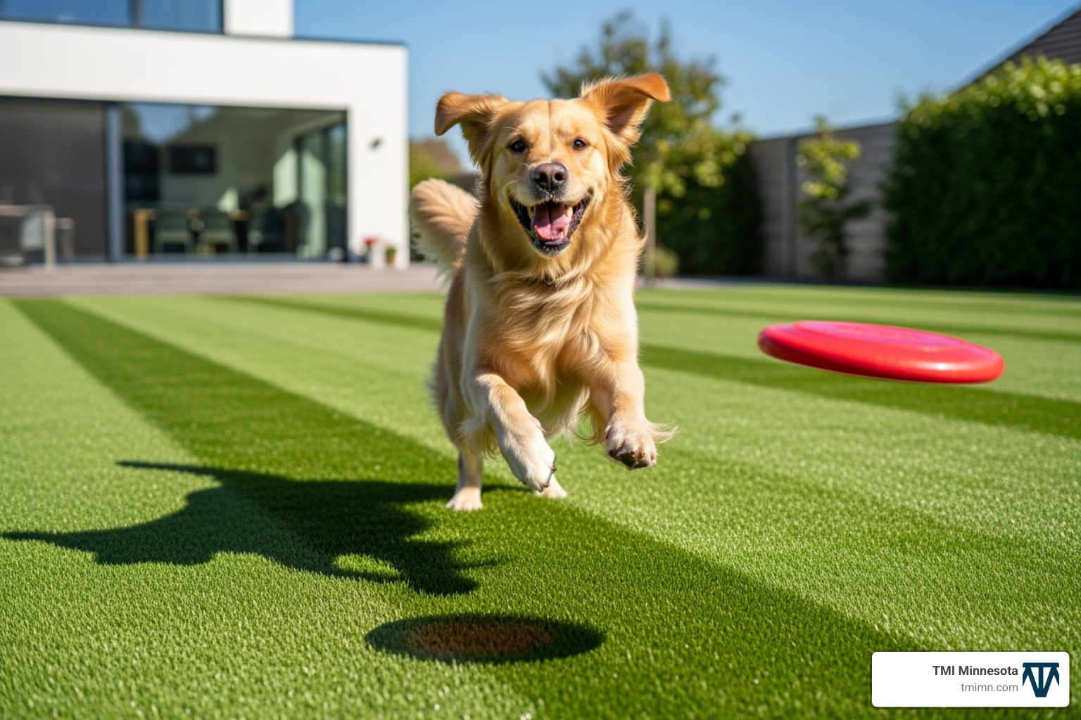 a pet happily playing on a clean artificial lawn - artificial grass maintenance