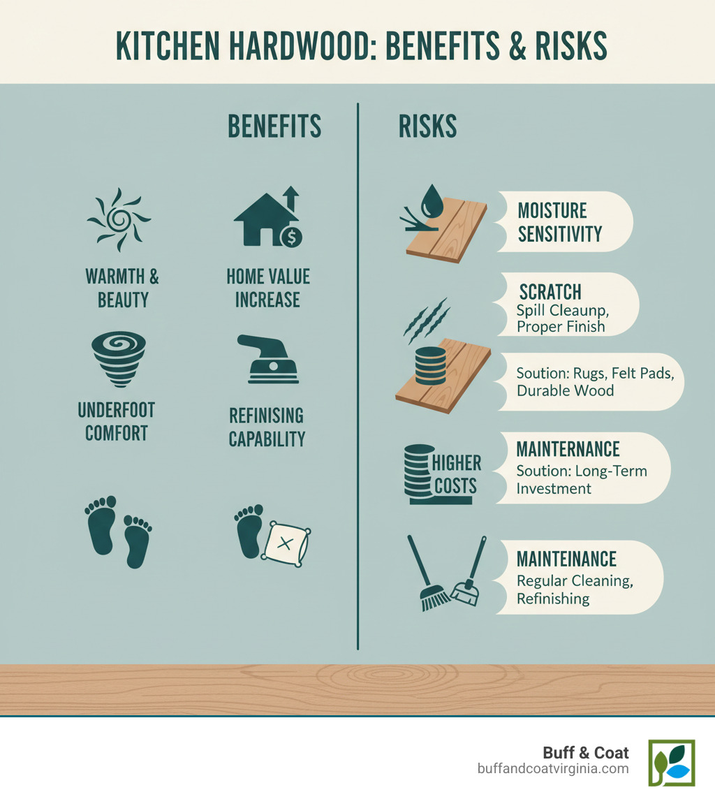 Detailed comparison infographic showing kitchen hardwood flooring benefits including warmth and beauty, home value increase, refinishing capability, and comfort versus risks like moisture sensitivity, scratch vulnerability, higher costs, and maintenance requirements with recommended solutions for each concern - hardwood flooring for kitchens infographic Detailed comparison infographic showing kitchen hardwood flooring benefits including warmth and beauty, home value increase, refinishing capability, and comfort versus risks like moisture sensitivity, scratch vulnerability, higher costs, and maintenance requirements with recommended solutions for each concern - hardwood flooring for kitchens infographic