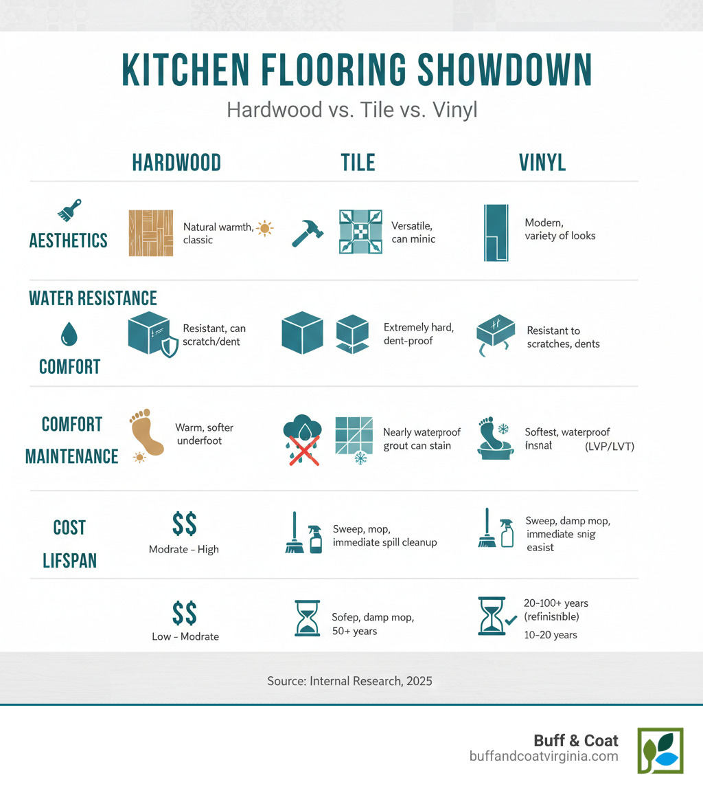 Infographic comparing Hardwood to Tile and Vinyl across key metrics like aesthetics, durability, water resistance, comfort, maintenance, cost, and lifespan. - hardwood flooring for kitchens infographic Infographic comparing Hardwood to Tile and Vinyl across key metrics like aesthetics, durability, water resistance, comfort, maintenance, cost, and lifespan. - hardwood flooring for kitchens infographic