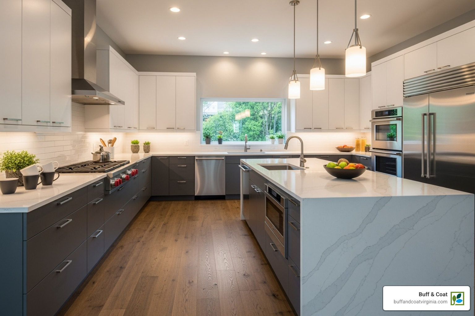 A modern kitchen featuring wide plank hardwood flooring, seamlessly integrating with contemporary design elements and showcasing the versatility of wood. - hardwood flooring for kitchens A modern kitchen featuring wide plank hardwood flooring, seamlessly integrating with contemporary design elements and showcasing the versatility of wood. - hardwood flooring for kitchens