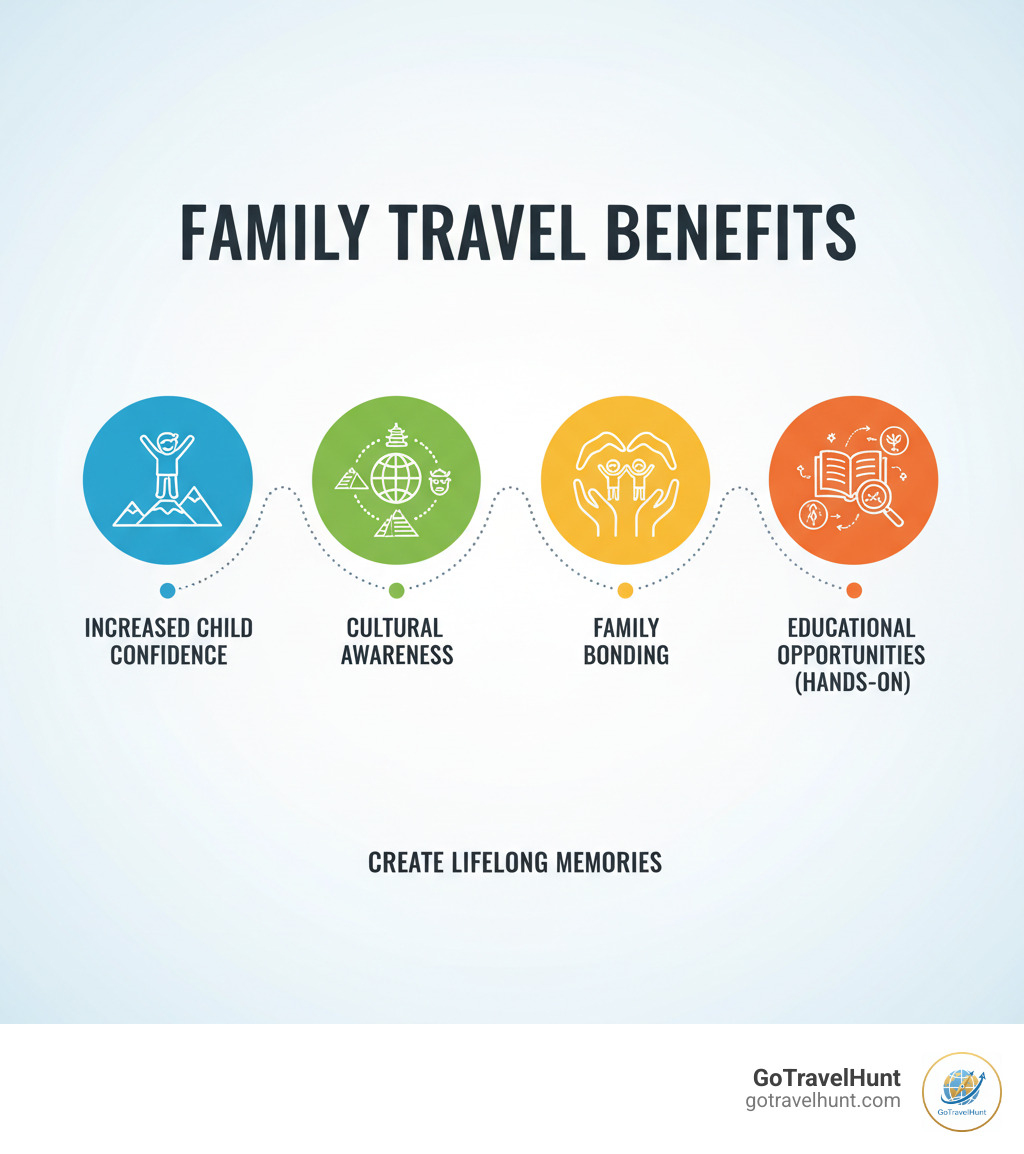 Infographic showing family travel benefits including increased child confidence, cultural awareness, family bonding, and educational opportunities through hands-on experiences - family travel tips infographic 
