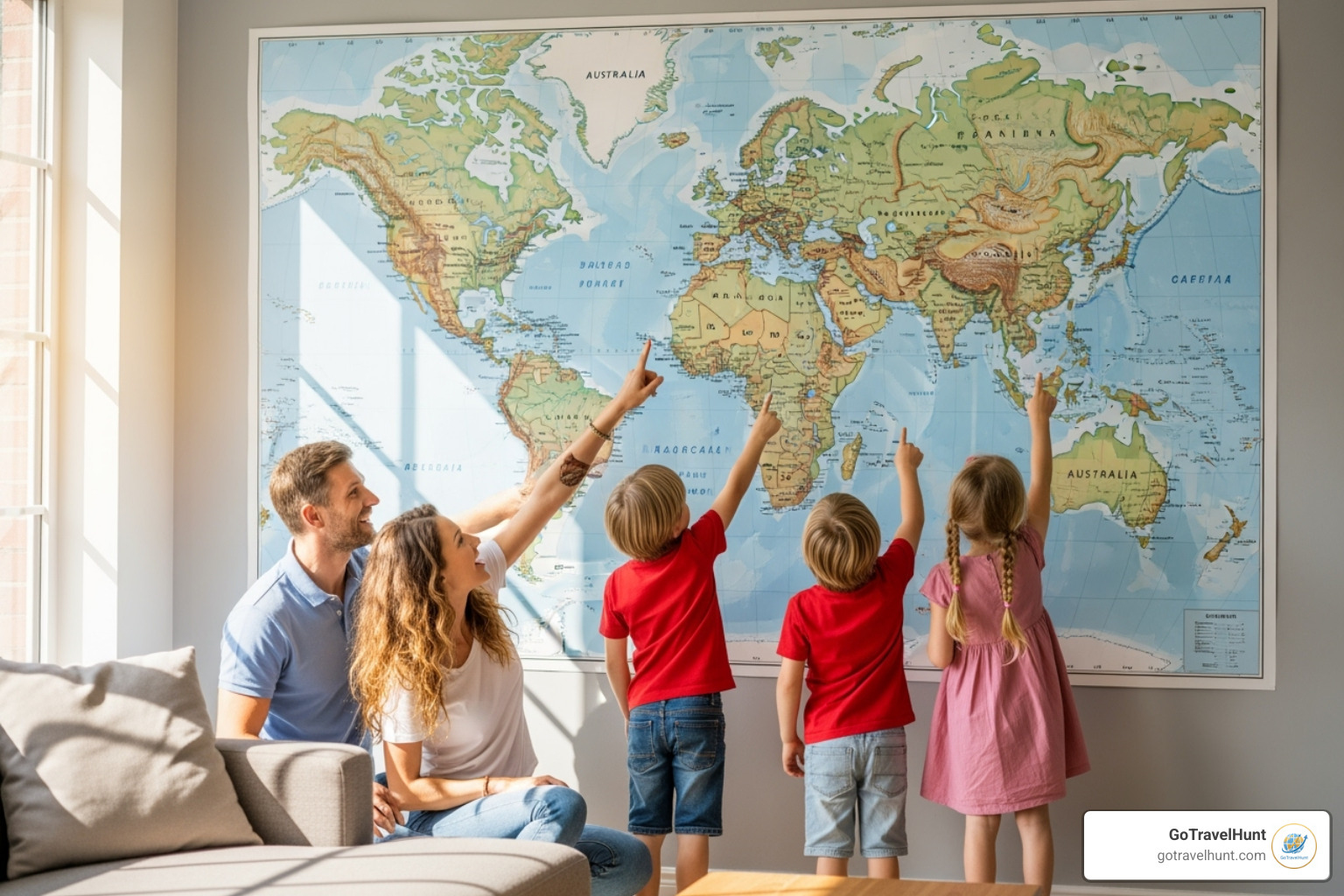 family pointing at locations on a world map - family travel tips