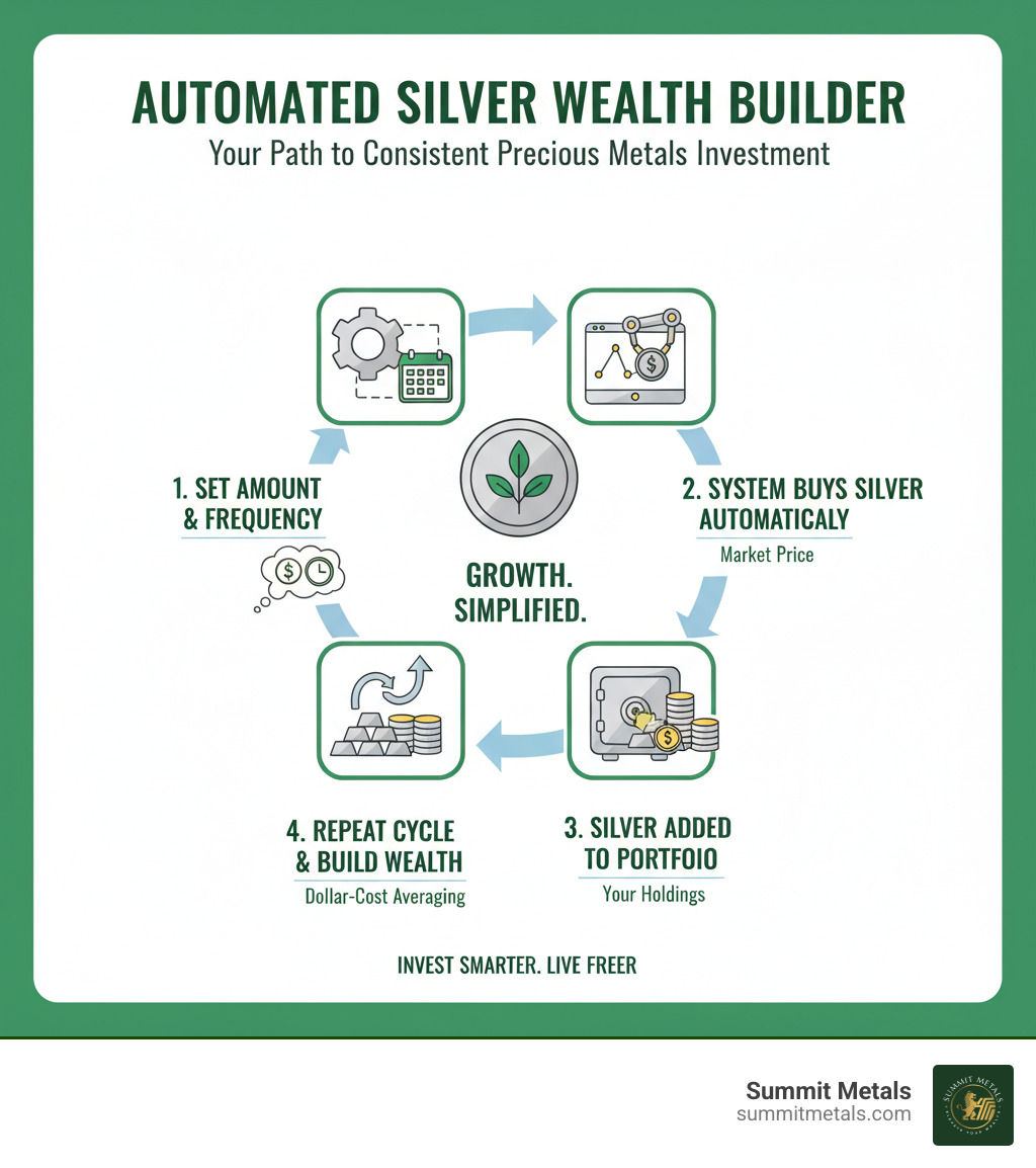Detailed infographic showing the recurring silver purchase process: Step 1 - Set investment amount and frequency, Step 2 - System automatically purchases silver at market price on scheduled dates, Step 3 - Silver is added to your portfolio, Step 4 - Repeat cycle builds wealth over time through dollar-cost averaging - recurring silver purchase infographic 