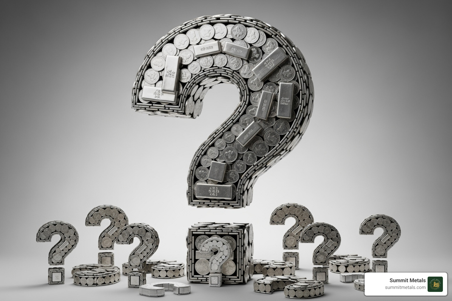 A large silver question mark made of various silver coins and bars, surrounded by smaller question marks. - recurring silver purchase