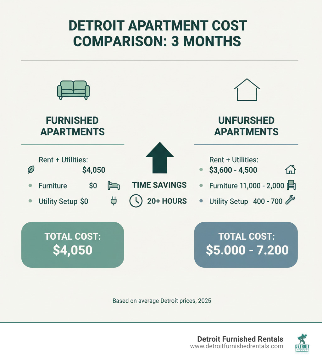 Infographic showing cost comparison between furnished and unfurnished apartments in Detroit over 3 months, including furniture costs, utility setup fees, and time savings, with furnished apartments showing $4,050 total cost versus unfurnished apartments at $5,000-7,200 total cost - Furnished apartments for rent Detroit infographic 