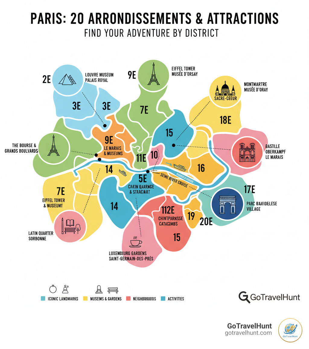 Comprehensive infographic showing Paris divided into 20 arrondissements with major attractions mapped by district, including the Eiffel Tower in the 7th, Louvre in the 1st, Montmartre in the 18th, and other key neighborhoods with their top activities - things to do in paris infographic  Comprehensive infographic showing Paris divided into 20 arrondissements with major attractions mapped by district, including the Eiffel Tower in the 7th, Louvre in the 1st, Montmartre in the 18th, and other key neighborhoods with their top activities - things to do in paris infographic