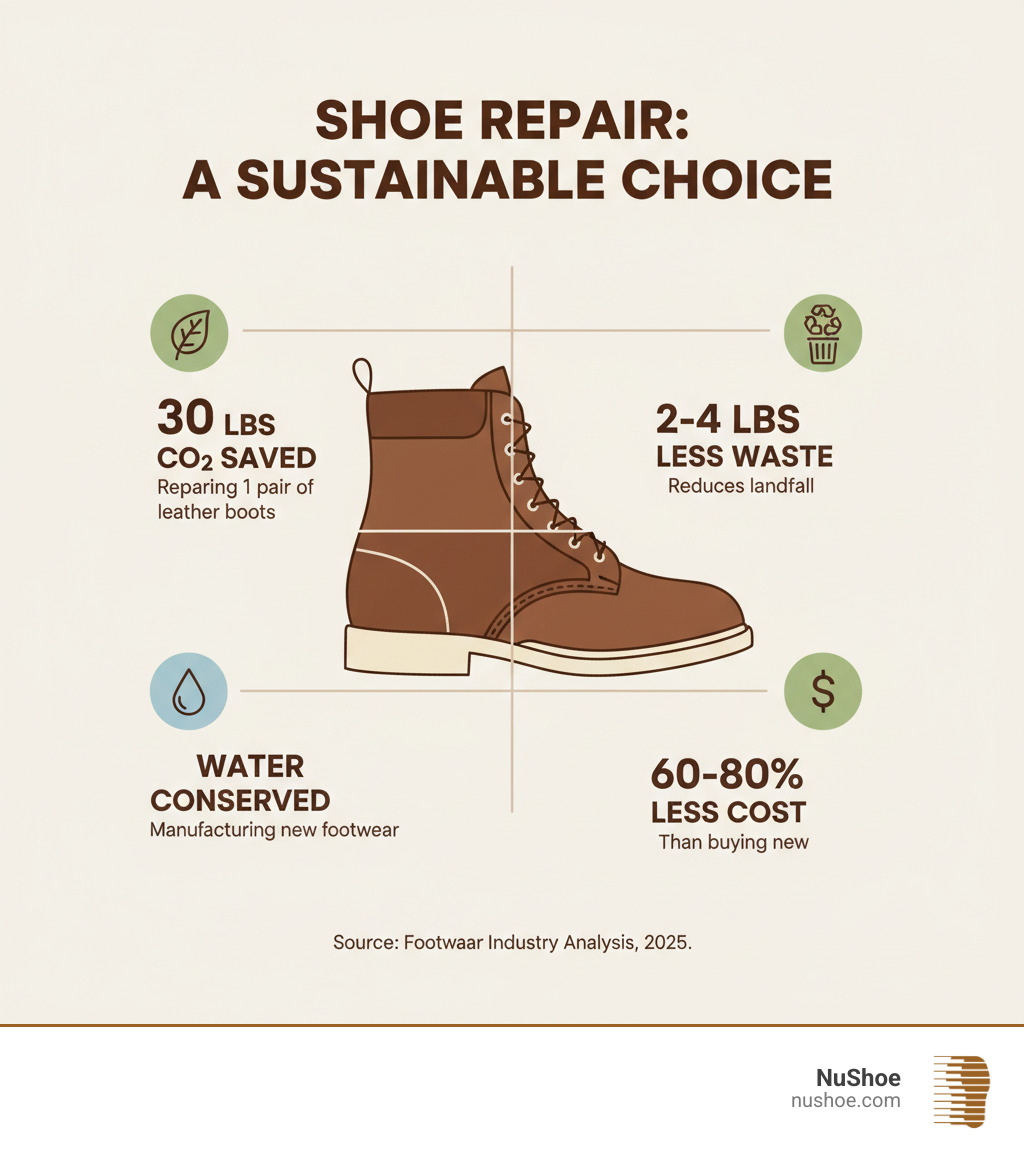 Infographic showing environmental benefits of shoe repair: repairing one pair of leather boots saves 30 pounds of CO2 emissions, reduces landfill waste by 2-4 pounds, and conserves water used in manufacturing new footwear, while costing 60-80% less than buying new - shoe and boot repair near me infographic 