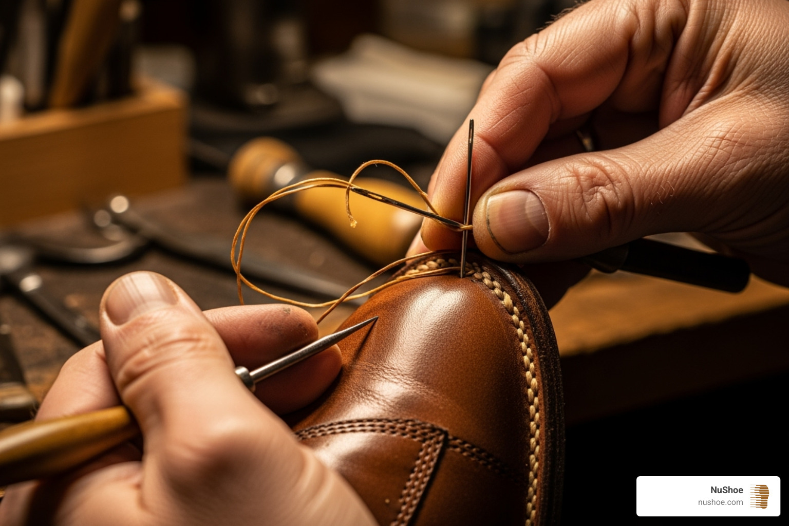 NuShoe cobbler's hands carefully stitching a leather shoe - shoe and boot repair near me
