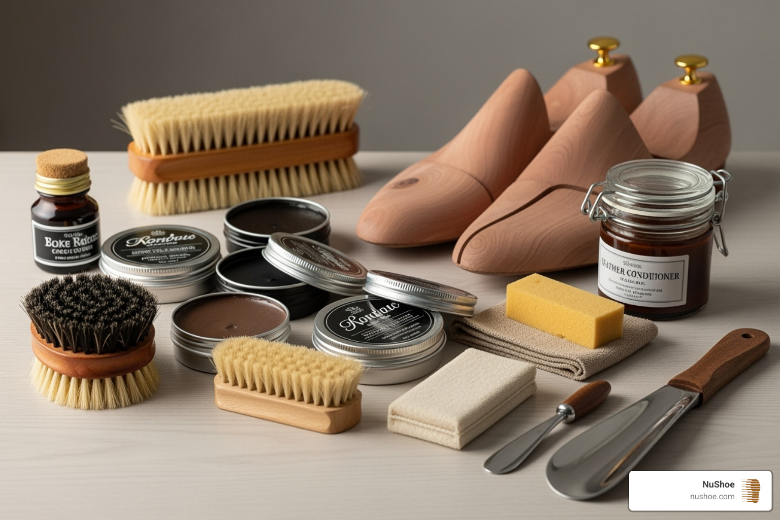 Complete shoe care kit including brushes, polishes, conditioner, and shoe trees - shoe and boot repair near me