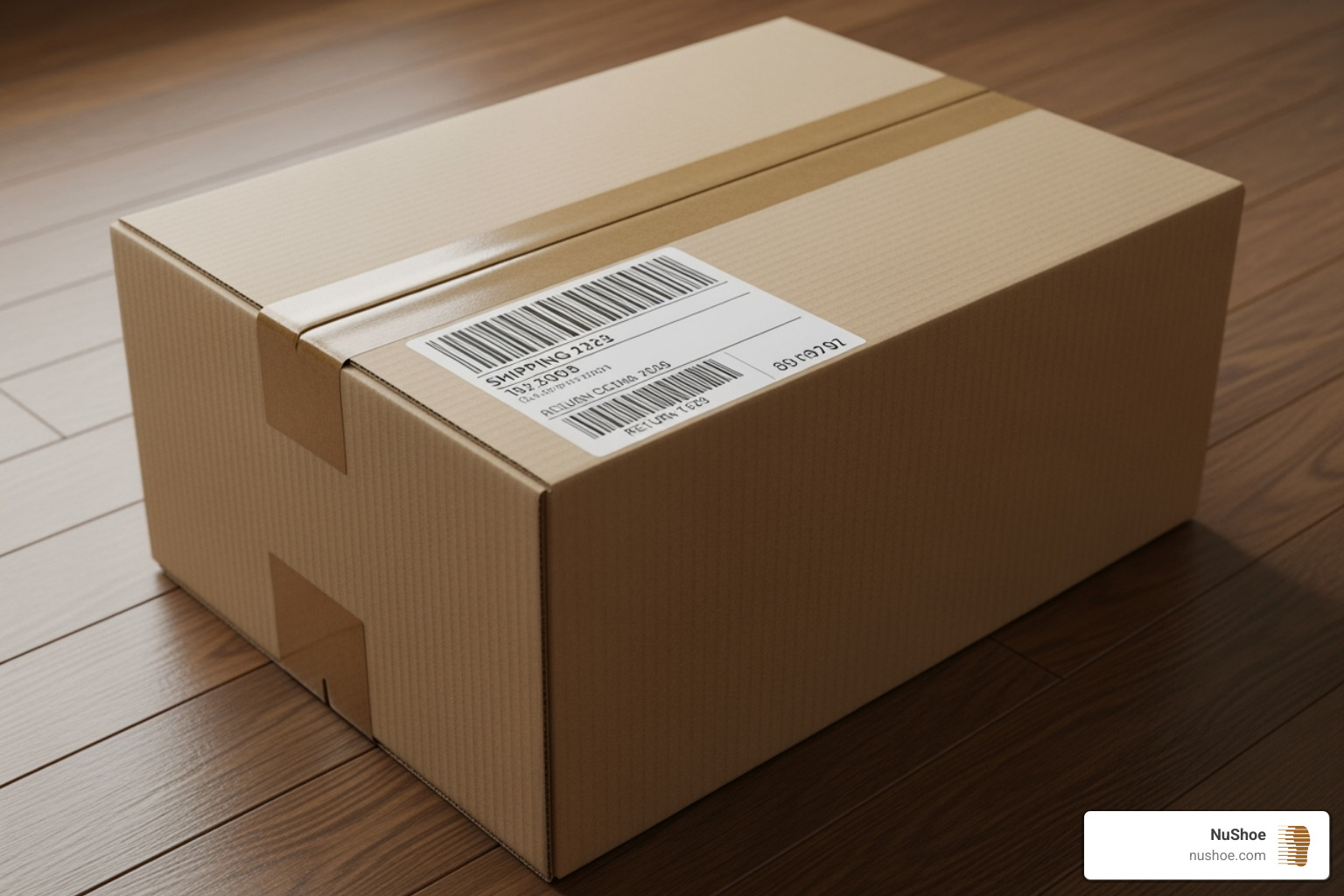 Neatly packed box containing shoes with a shipping label ready to be sent to NuShoe - shoe and boot repair near me