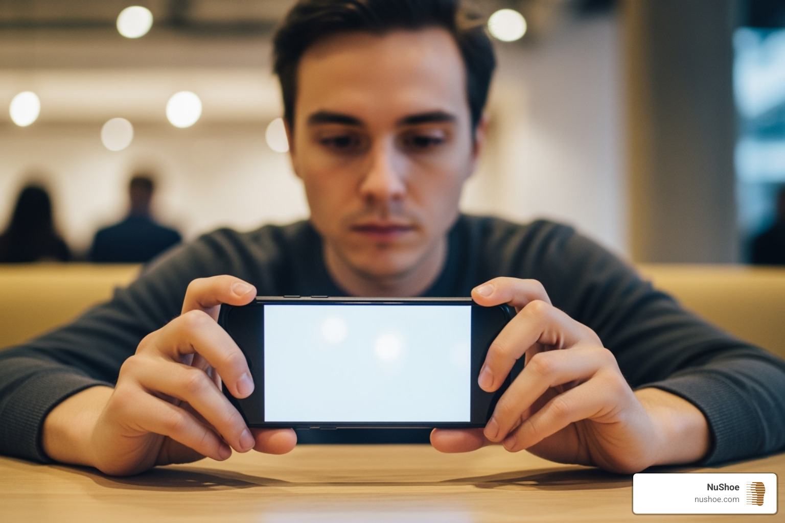 Person using a smartphone to look up NuShoe's services online - shoe and boot repair near me