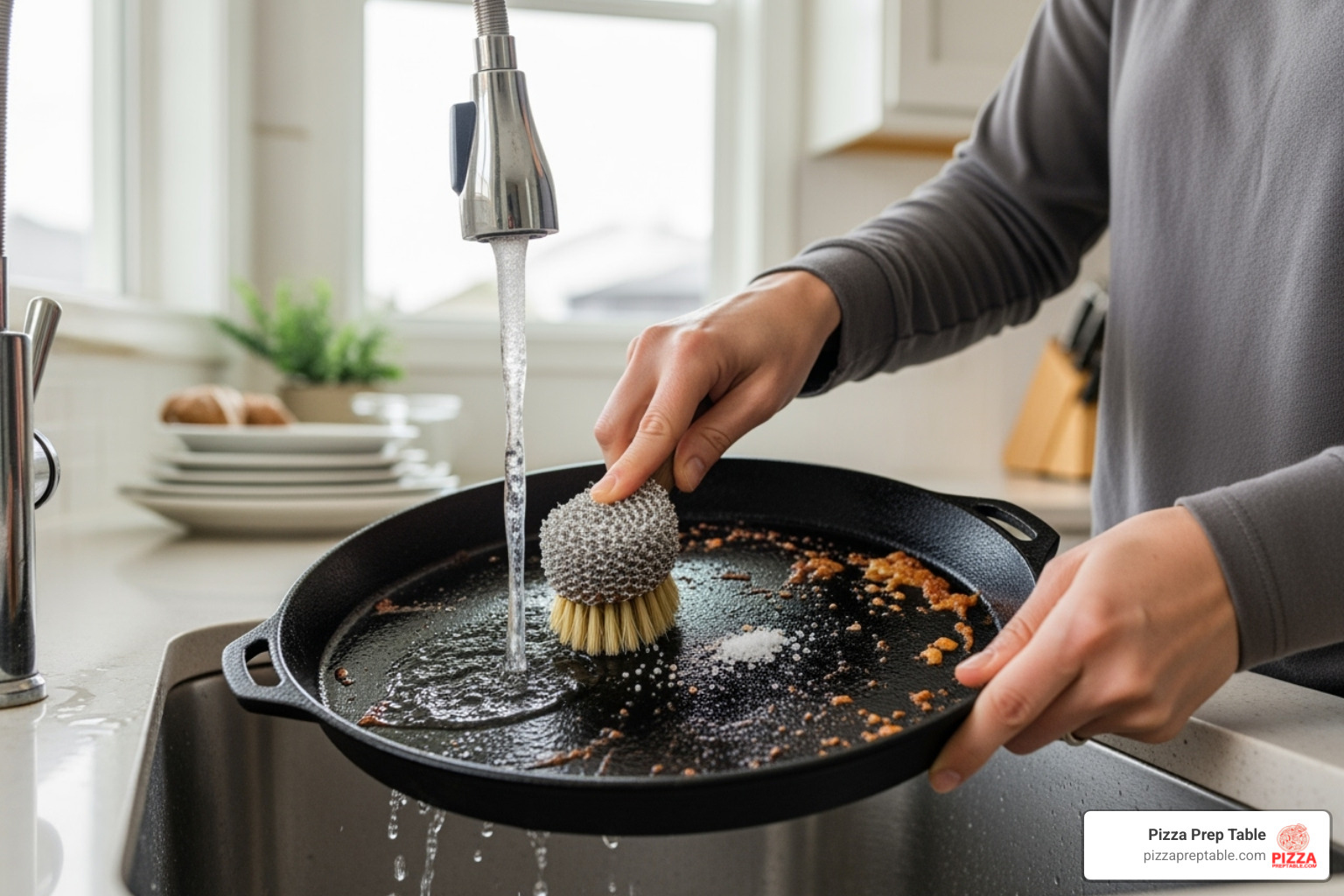 person cleaning a cast iron pizza pan - pizza pans person cleaning a cast iron pizza pan - pizza pans