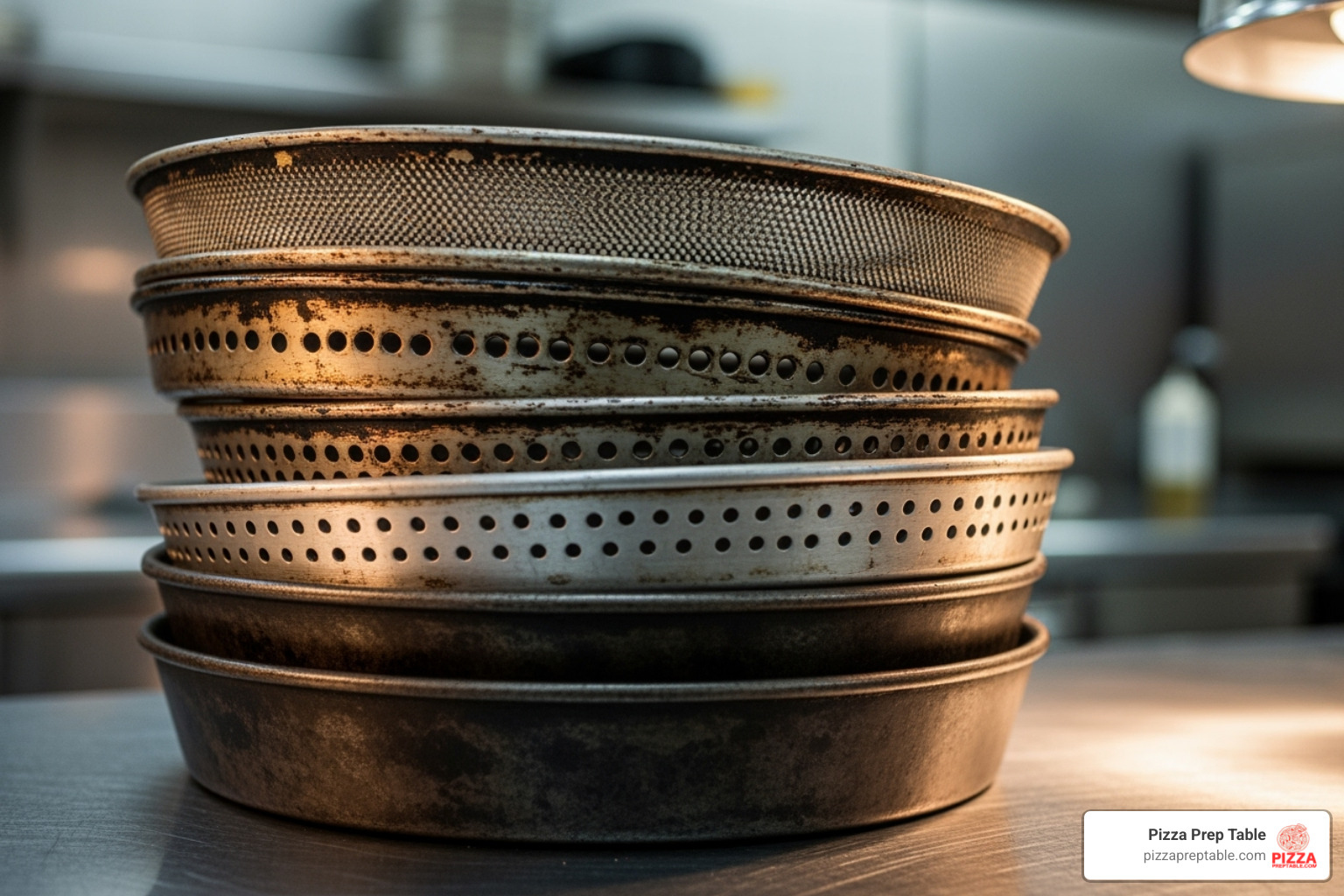 a stack of different pizza pans, including deep dish, perforated, and a screen - pizza pans a stack of different pizza pans, including deep dish, perforated, and a screen - pizza pans