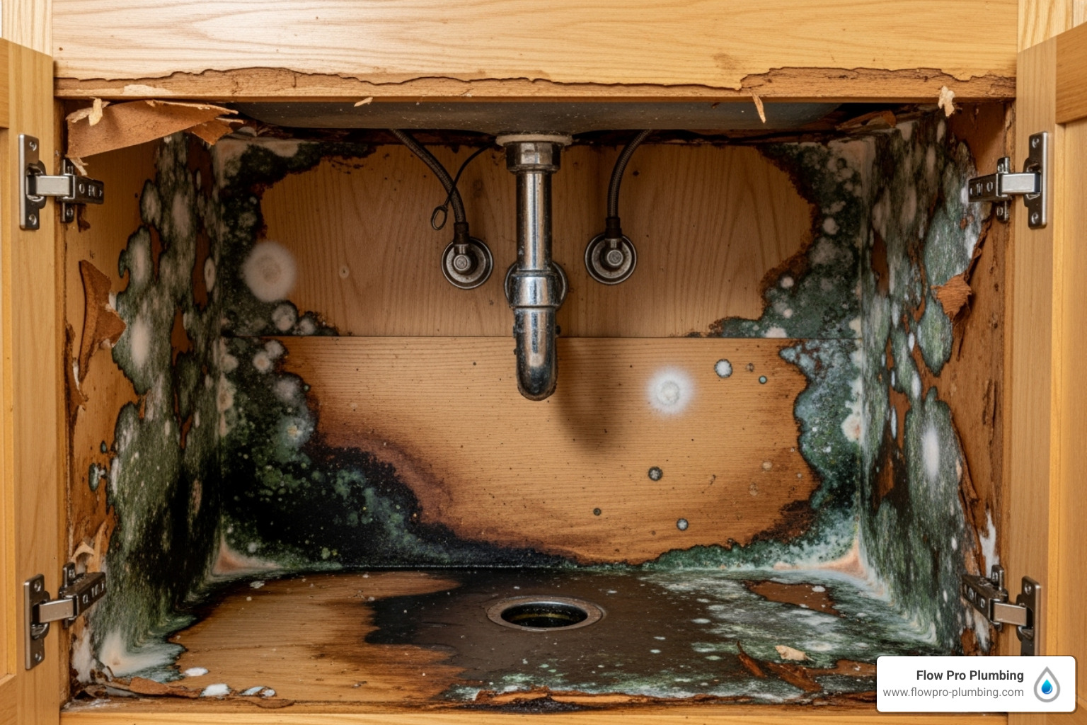 Graphic showing a water-damaged kitchen cabinet under a sink with mold growing - repair leaky sink Graphic showing a water-damaged kitchen cabinet under a sink with mold growing - repair leaky sink