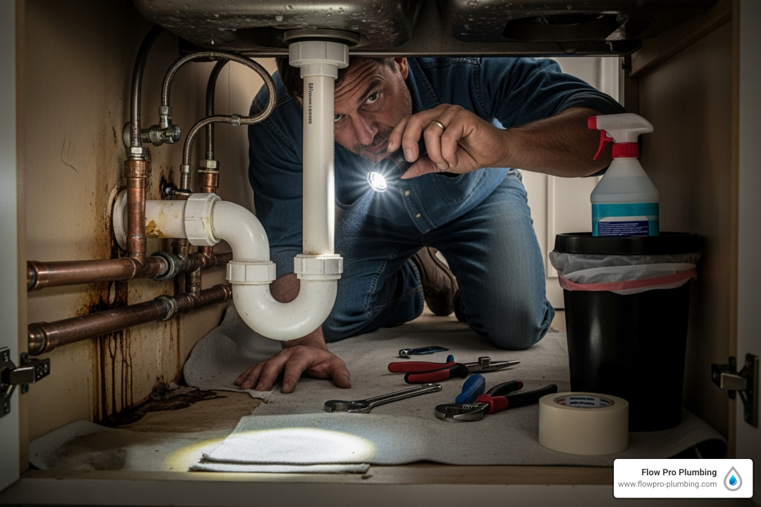 Plumber inspecting pipes under a sink - repair leaky sink Plumber inspecting pipes under a sink - repair leaky sink