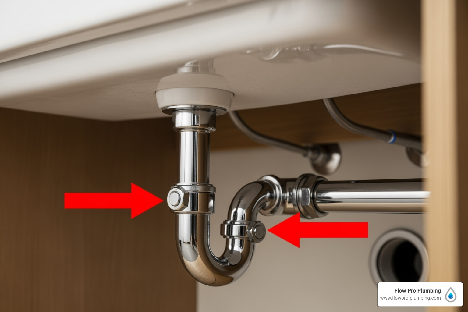 P-trap assembly under a sink with arrows pointing to the coupling nuts - repair leaky sink P-trap assembly under a sink with arrows pointing to the coupling nuts - repair leaky sink