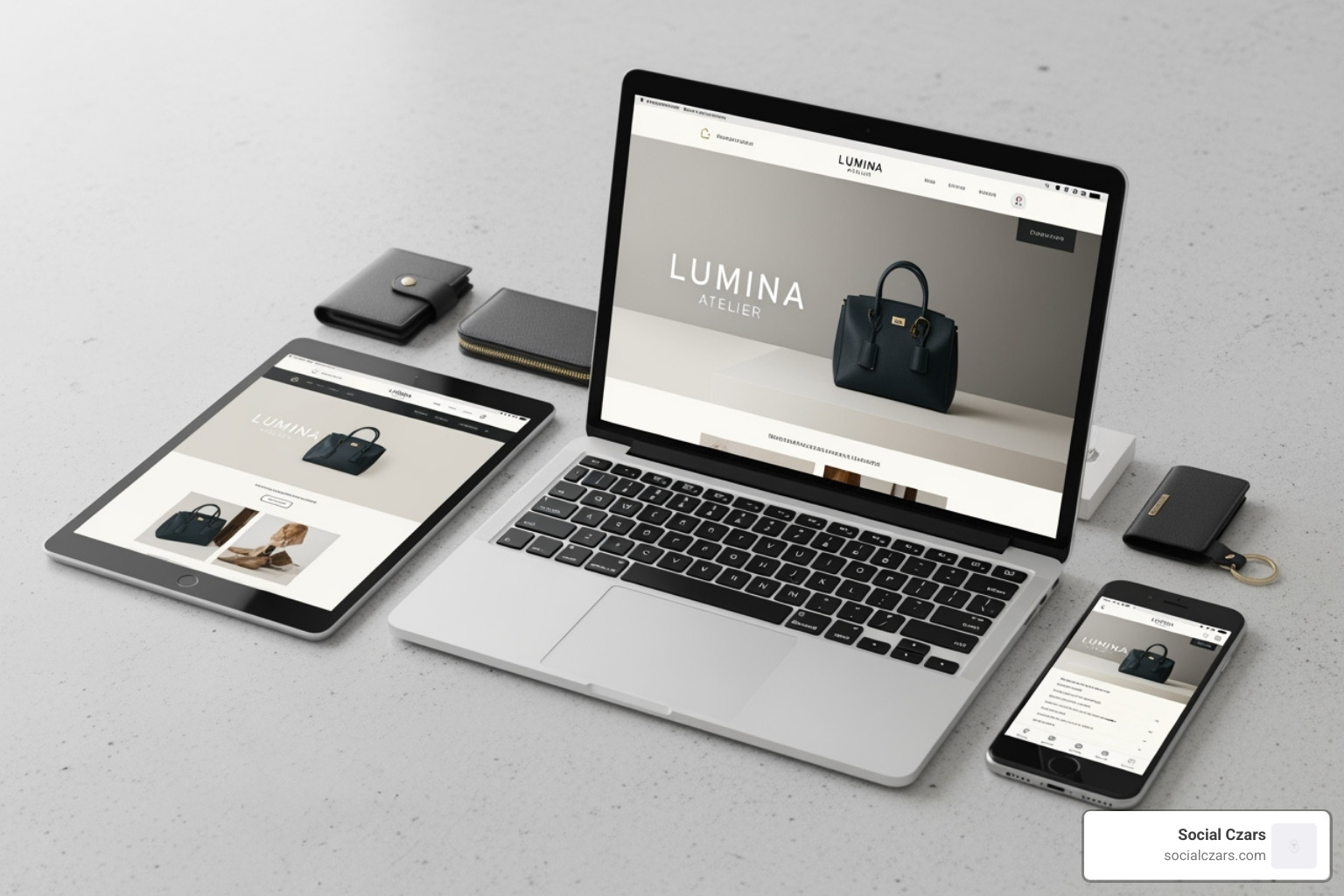 A laptop, tablet, and smartphone displaying a cohesive luxury brand presence across different digital platforms - luxury brand digital strategy