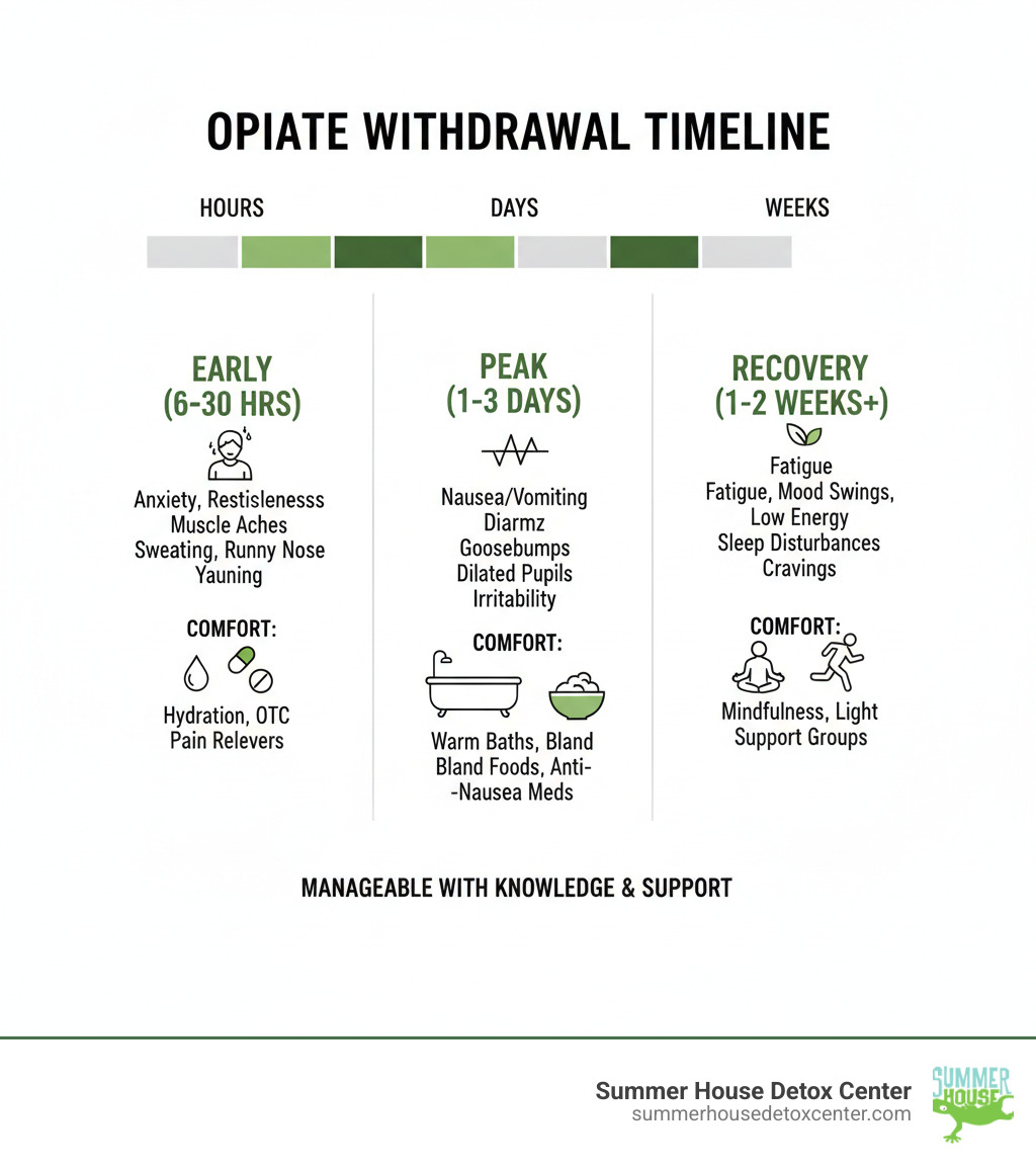 Comprehensive infographic explaining the opiate withdrawal timeline from hours to weeks, detailing early, peak, and recovery symptoms, and comfort measures for each stage - how to lessen opiate withdrawal symptoms infographic 