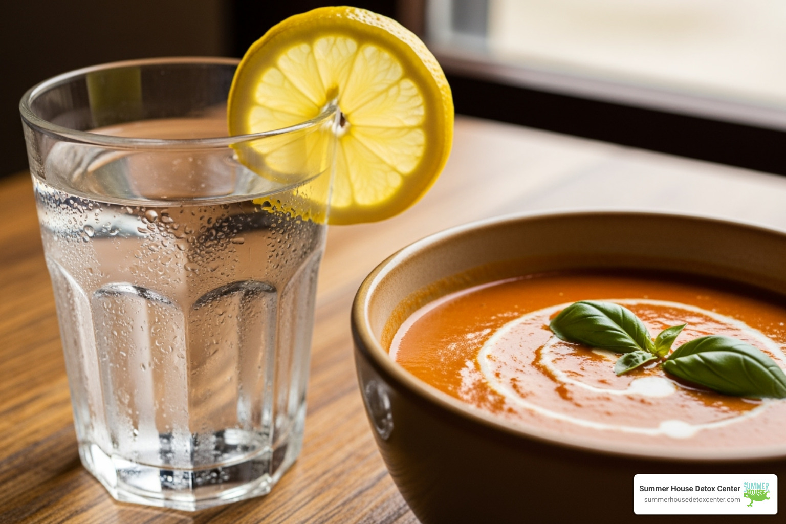 glass of water with lemon next to a bowl of soup - how to lessen opiate withdrawal symptoms
