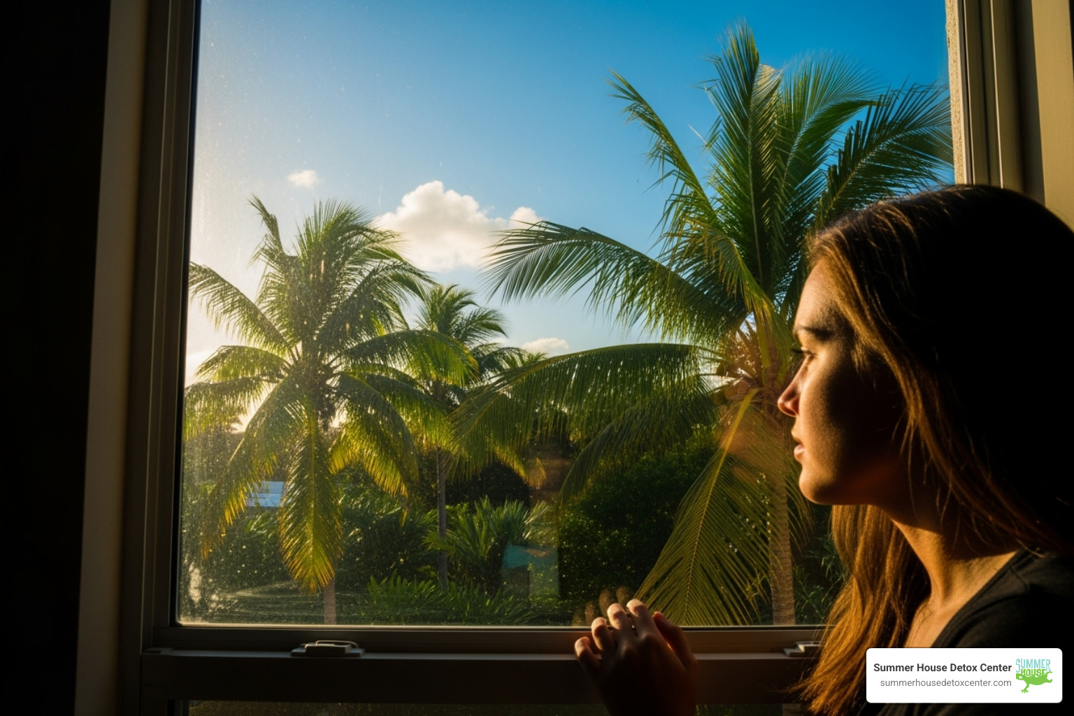 person looking out window with Florida background - how to lessen opiate withdrawal symptoms