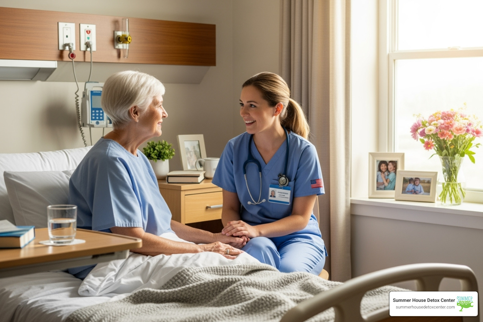 compassionate nurse talking with a patient in a comfortable room - how to lessen opiate withdrawal symptoms