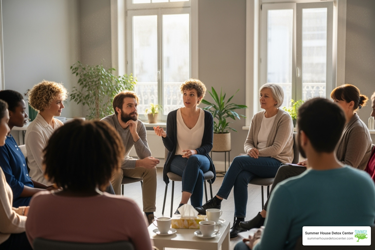 support group meeting in a bright, welcoming space - how to lessen opiate withdrawal symptoms