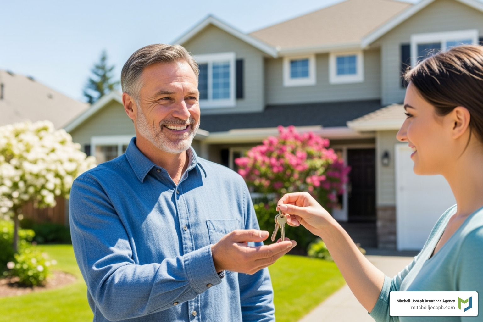Happy landlord receiving keys from a tenant - Rental Property Insurance Happy landlord receiving keys from a tenant - Rental Property Insurance