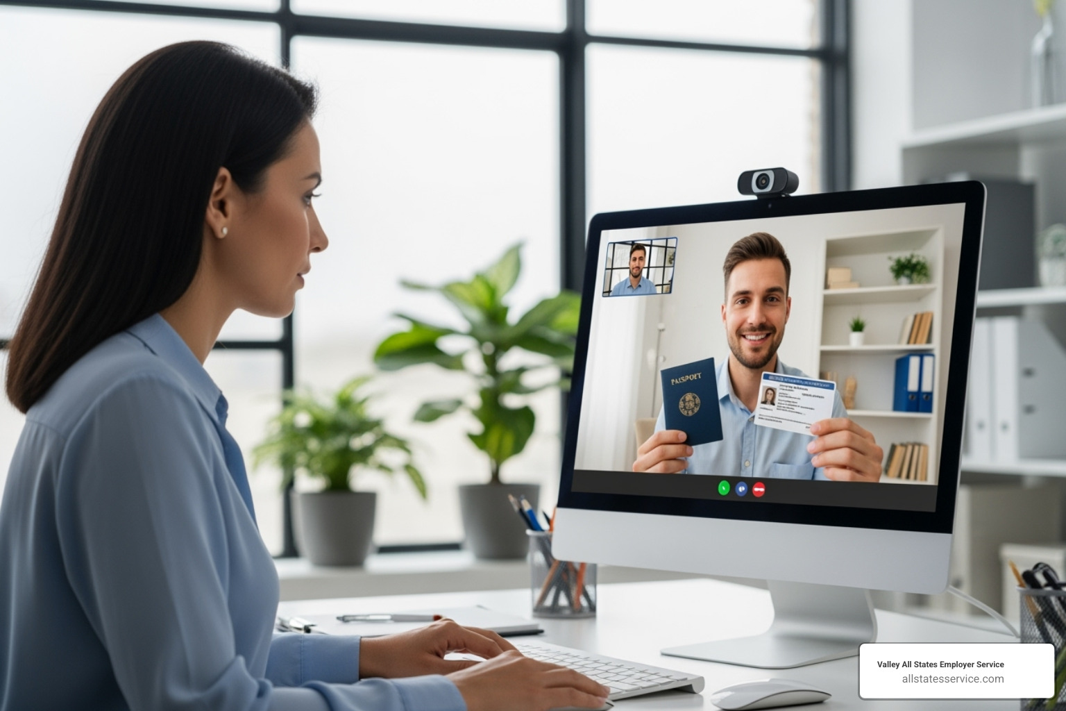 HR professional on a video call with a new hire, reviewing identity and employment authorization documents for remote I-9 verification - Remote hire I-9