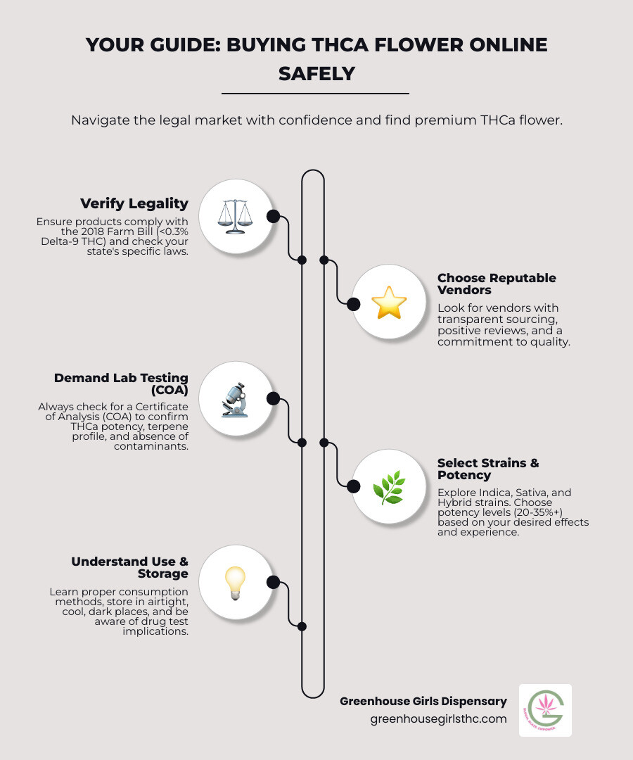 Comprehensive guide showing the process to buy THCa flower online legally, including vendor selection criteria, lab testing requirements, strain types (Indica, Sativa, Hybrid), potency levels (20-35%+), consumption methods, storage tips, and federal vs state legal considerations - Buy THCa flower online infographic infographic-line-5-steps-neat_beige