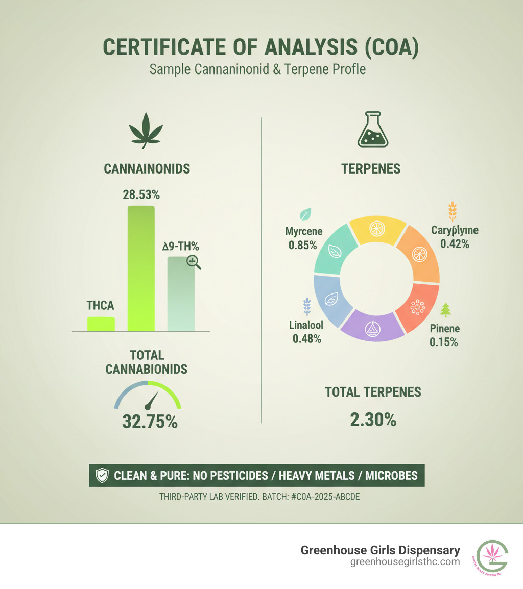 Sample Certificate of Analysis (COA) showing cannabinoid and terpene profiles - Buy THCa flower online infographic 