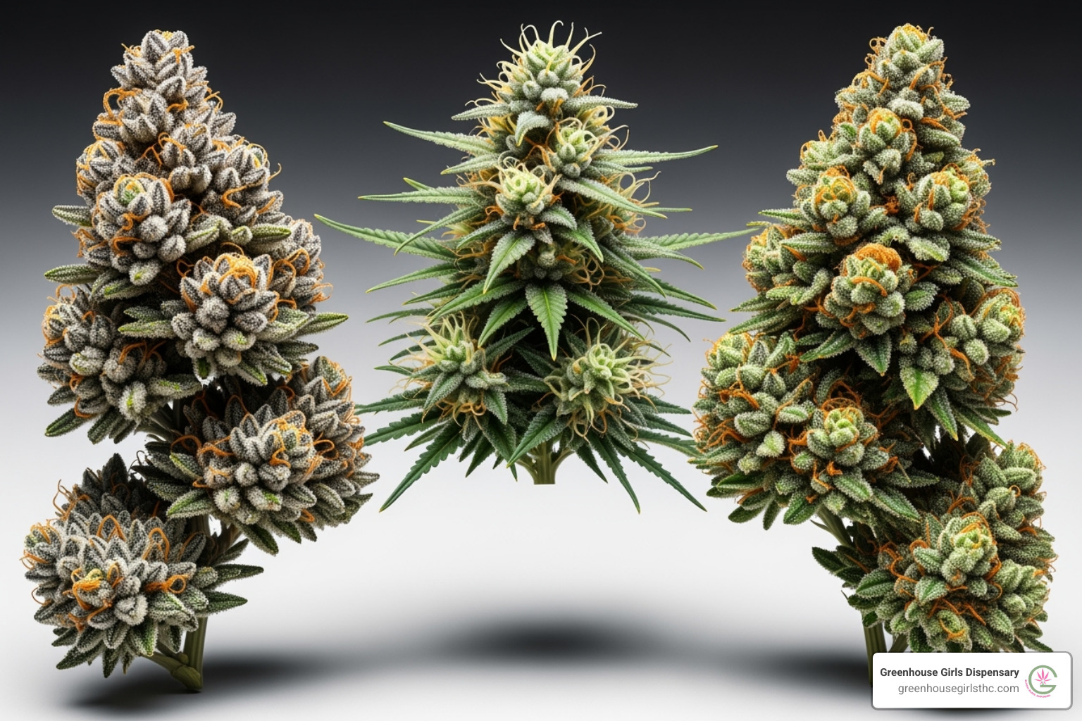 Three different cannabis strains, one labeled Indica, one Sativa, and one Hybrid - Buy THCa flower online