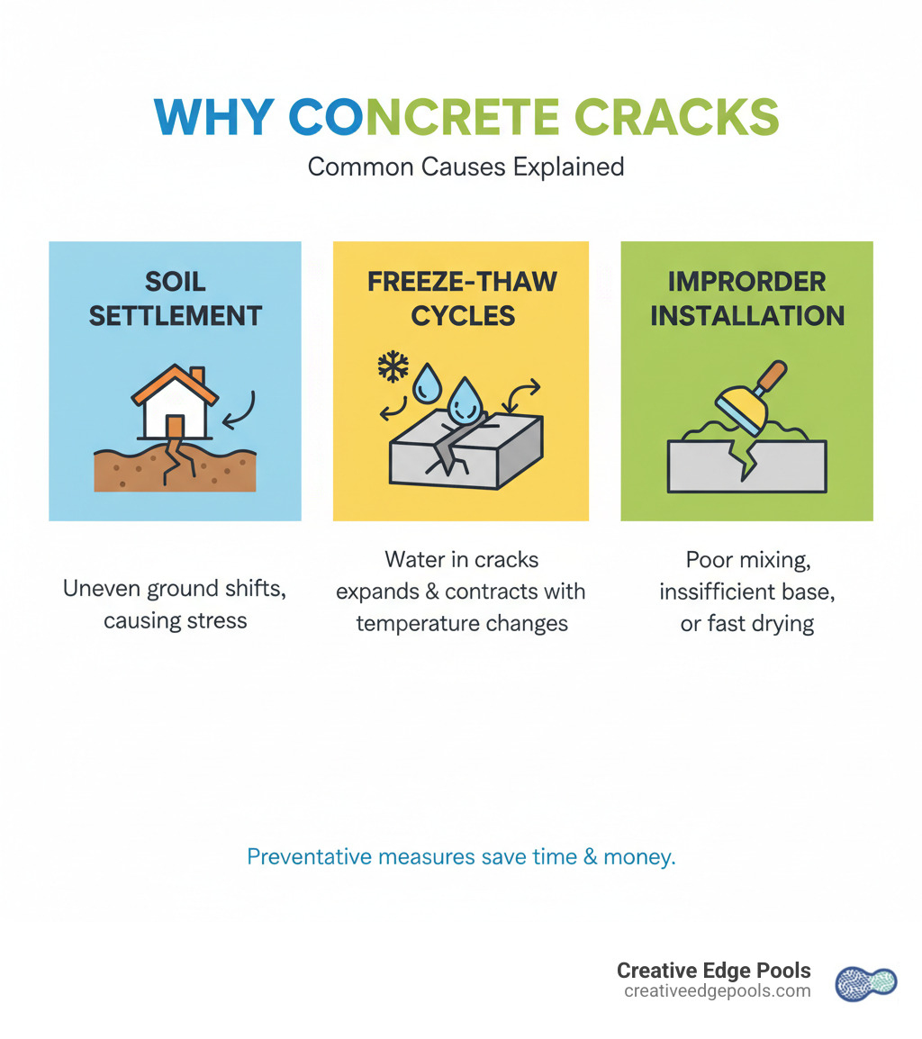 Infographic explaining the common causes of concrete cracks like soil settlement, freeze-thaw cycles, and improper installation - fix cracked concrete patio infographic Infographic explaining the common causes of concrete cracks like soil settlement, freeze-thaw cycles, and improper installation - fix cracked concrete patio infographic
