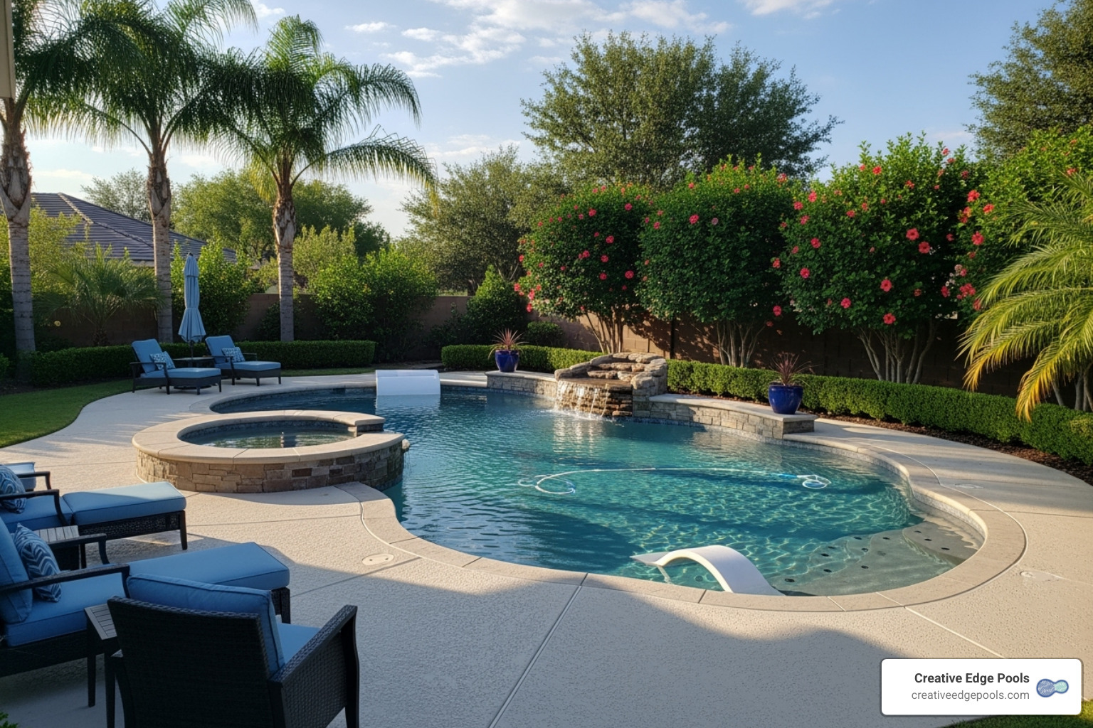 A beautifully maintained gunite pool with a freshly repaired concrete patio surround. - fix cracked concrete patio A beautifully maintained gunite pool with a freshly repaired concrete patio surround. - fix cracked concrete patio