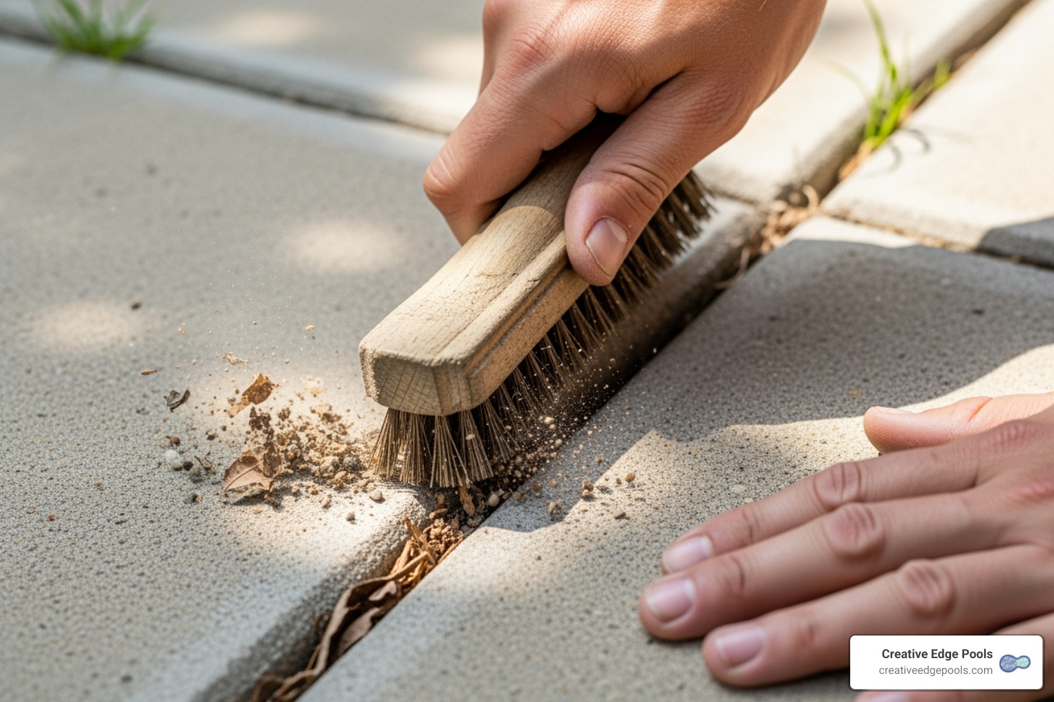 A person cleaning a concrete crack with a wire brush, removing debris. - fix cracked concrete patio A person cleaning a concrete crack with a wire brush, removing debris. - fix cracked concrete patio
