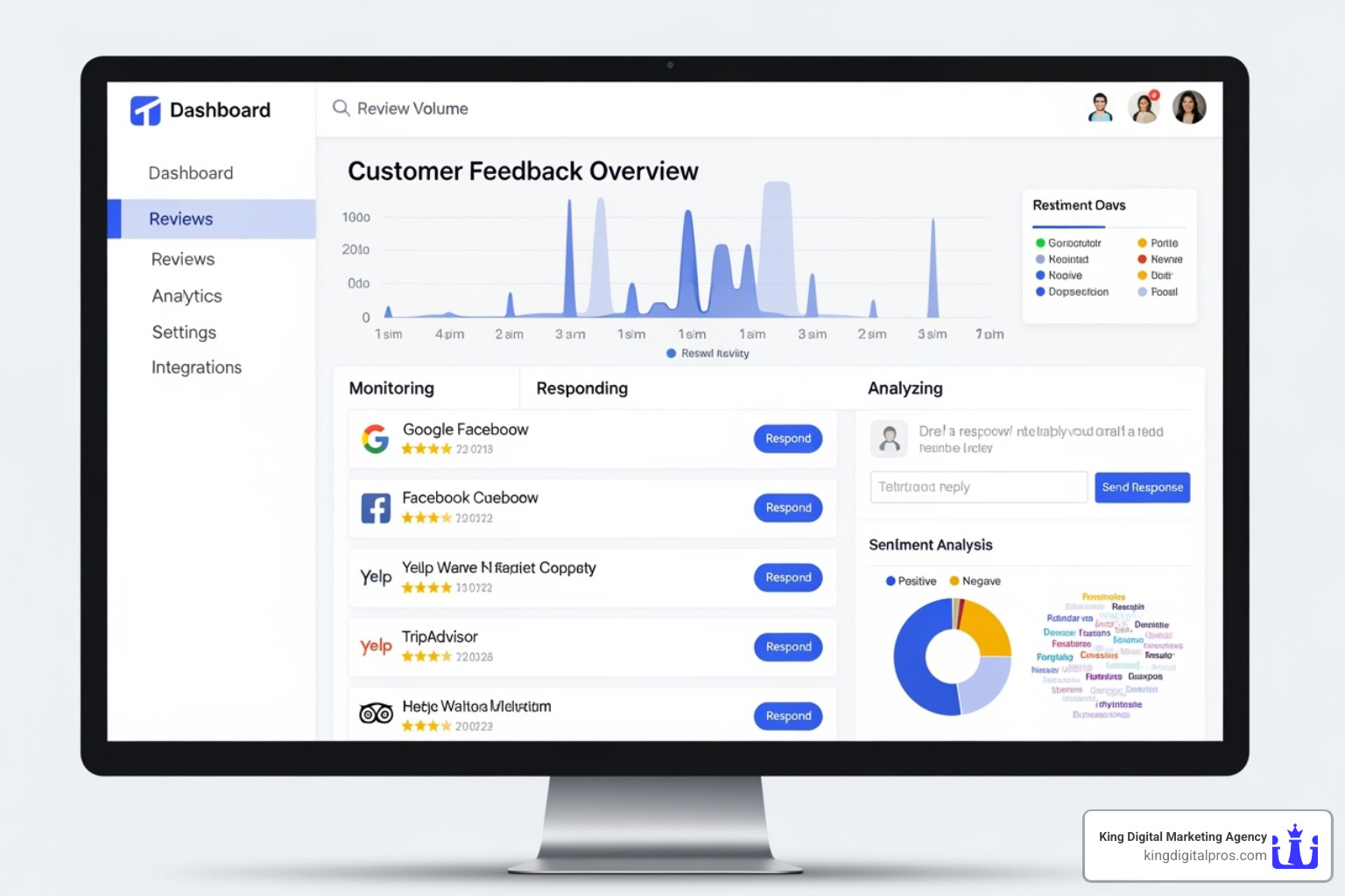 A dashboard displaying customer reviews from multiple platforms like Google, Facebook, and Yelp, with options to monitor, respond, and analyze feedback - Review Management Services