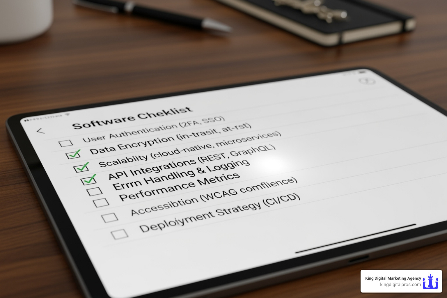 A checklist on a tablet screen, outlining key features and considerations for selecting review management software, such as multi-platform support, automated requests, analytics, and integration capabilities - Review Management Services