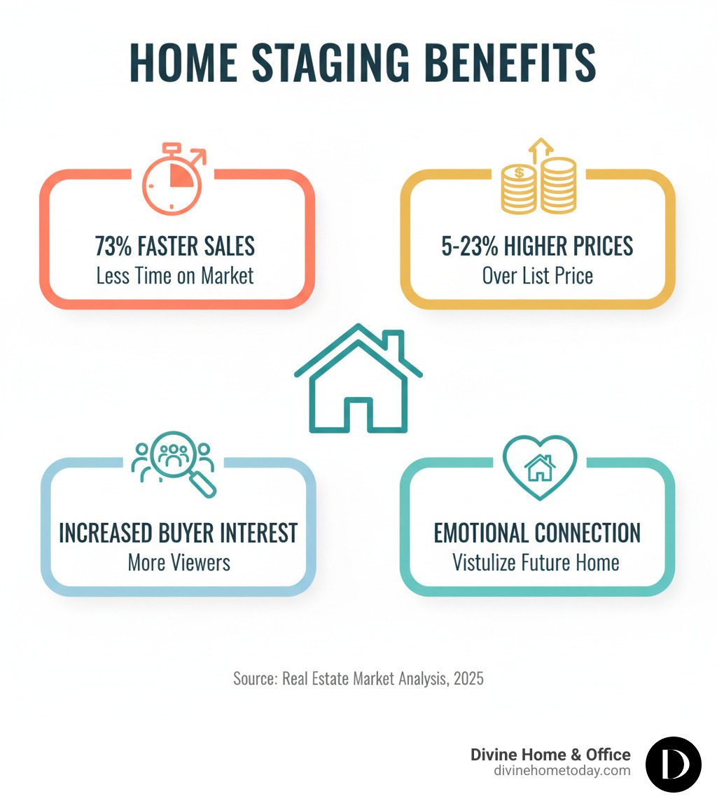 Infographic showing the key benefits of staging a home for sale including 73% faster sales, 5-23% higher sale prices, increased buyer interest, and improved emotional connection with potential buyers - open house staging infographic Infographic showing the key benefits of staging a home for sale including 73% faster sales, 5-23% higher sale prices, increased buyer interest, and improved emotional connection with potential buyers - open house staging infographic