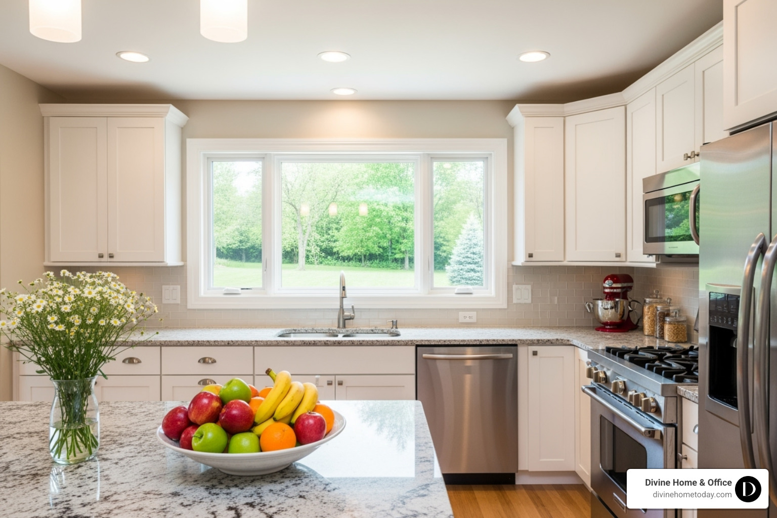 perfectly staged kitchen with clear counters and a bowl of fresh fruit - open house staging perfectly staged kitchen with clear counters and a bowl of fresh fruit - open house staging