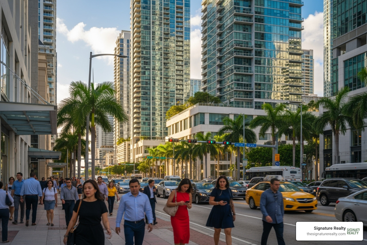 A vibrant street scene in Brickell, Miami, featuring modern high-rise buildings and busy pedestrian activity - miami business space for lease