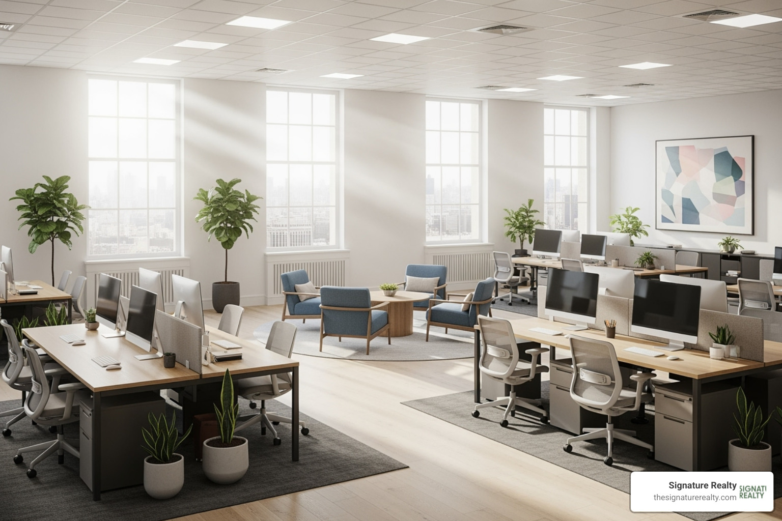 A modern office interior with collaborative workspaces and natural light - miami business space for lease