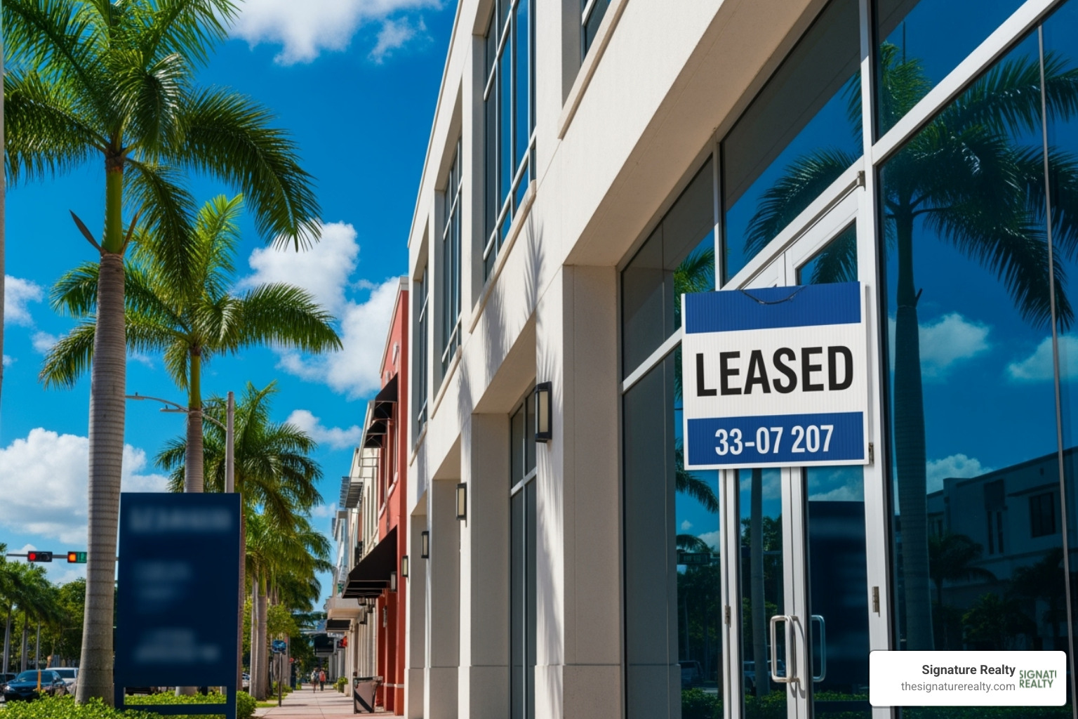 A "Leased" sign prominently displayed on a commercial property in Miami, signaling a successful transaction - miami business space for lease
