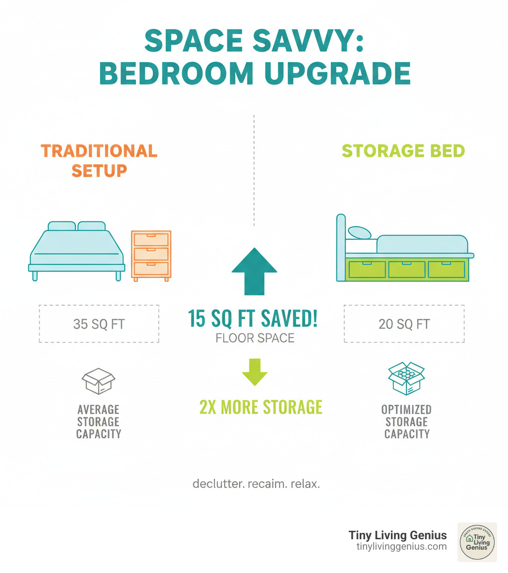 Infographic showing space comparison between regular bed plus dresser versus storage bed with integrated drawer space, highlighting square footage saved and storage capacity differences - storage beds for small spaces infographic 